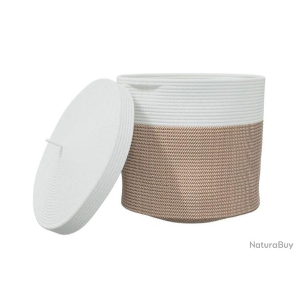 Panier rangement coton marron blanc �40x35 cm avec couvercle pliable
