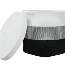 Panier rangement coton noir gris blanc &Oslash;40x35 cm avec couvercle pliable