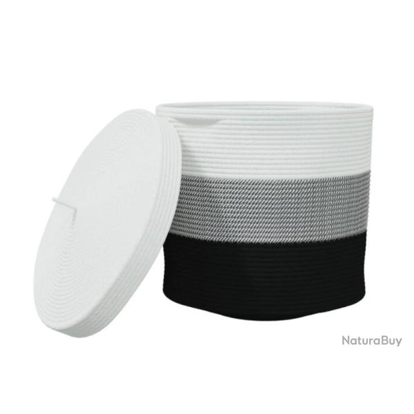 Panier rangement coton noir gris blanc �40x35 cm avec couvercle pliable