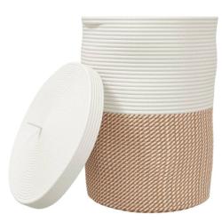 Panier rangement coton marron blanc &Oslash;37x50 cm avec couvercle pliable