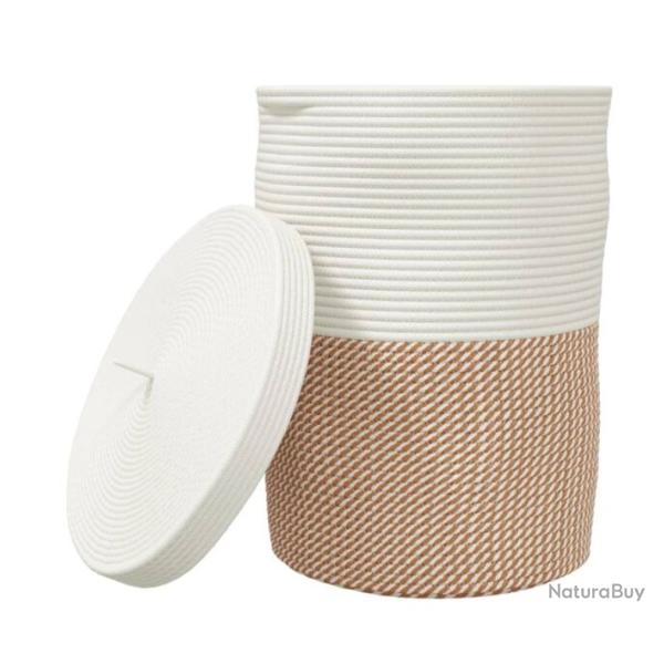 Panier rangement coton marron blanc �37x50 cm avec couvercle pliable