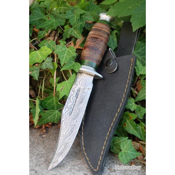 Couteau De Scout Lame Clip Point Imitation Damas Manche Cuir Garde Acier Etui Nylon Fabr Artisanale