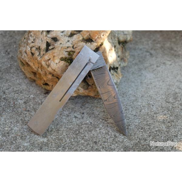 Couteau Pliant � Customiser Le Manche Lame Acier Damas Drop Point 128 Couches Linerlock Manche Acier