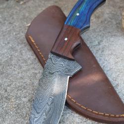 Skinner Couteau Damas Lame 256 Couches Lame Drop Point Manche Atlantide Fabr Artisanale Etui Cuir