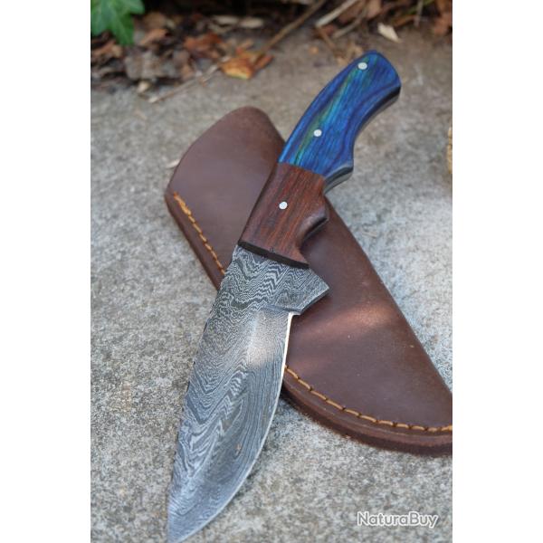 Skinner Couteau Damas Lame 256 Couches Lame Drop Point Manche Atlantide Fabr Artisanale Etui Cuir