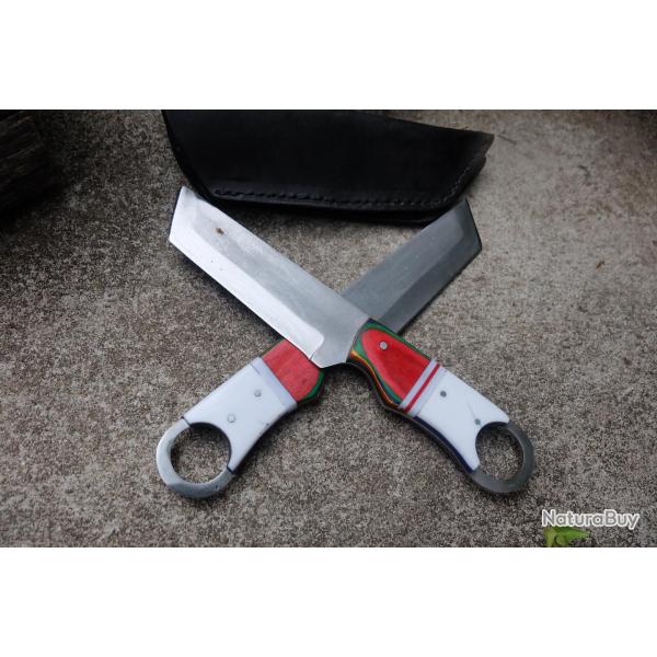 Lot de 2 Couteau Karambit Tactical Urbain Lame Tanto Acier Carbone 1055 Manche ABS Etui Fab Artisan