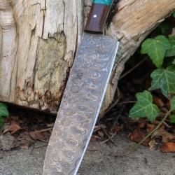 Couteau De Cuisine Santoku Lame Acier Damas 256 Couches Martel&eacute;e Manche Bois/R&eacute;sine Fab Artisanale