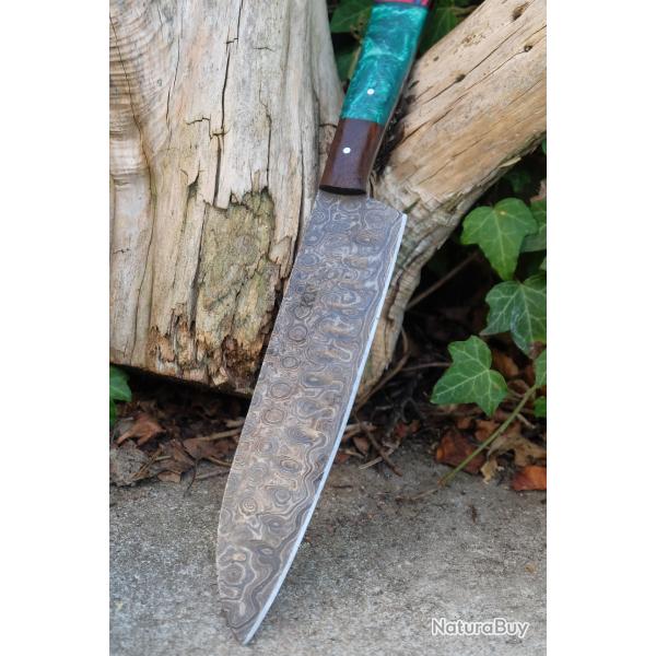 Couteau De Cuisine Santoku Lame Acier Damas 256 Couches Martel�e Manche Bois/R�sine Fab Artisanale