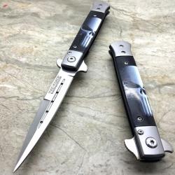 Couteau Stiletto Tac Force Milano A/O Lame Acier Inox Manche Abs D&eacute;cor Skull TF598P