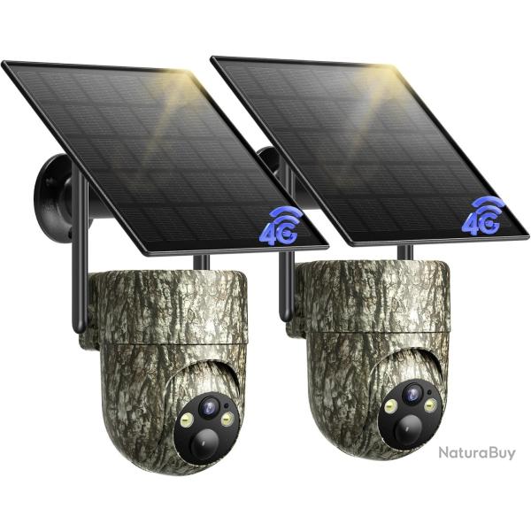 Cam�ra de Chasse Solaire 4G LTE Lot de 2 Carte SIM D�tection PIR �tanche IP66 Vision Nocturne Alarme