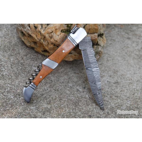 Couteau Damas Lame 128 Couches Fa�on Laguiole Manche Olivier/Acier Tire Bouchons F Artisanale