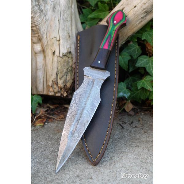Grand Couteau Dague Lame Acier Damas 256 Couches Manche Bois Cam�l�on Etui Cuir Fabric Artisanale01