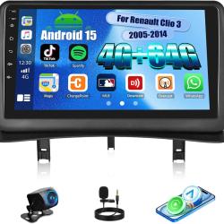 Autoradio 4 Go + 64 Go Android 15 pour Renault Clio 3 2005-2014 avec CarPlay Android Auto Mirror Lin
