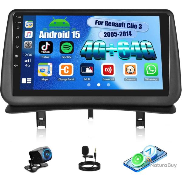 Autoradio 4 Go + 64 Go Android 15 pour Renault Clio 3 2005-2014 avec CarPlay Android Auto Mirror Lin
