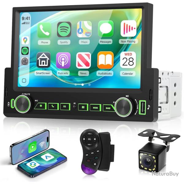 Autoradio avec sans Fil Carplay Android Auto Mirror Link, 1 Din 7 Pouces Ecran Tactile Poste Radio V