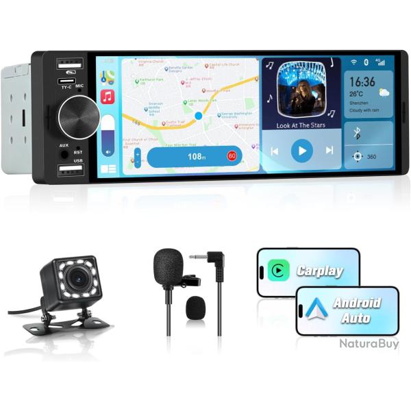 Autoradio 1 DIN avec �cran Tactile 6,36", Compatible CarPlay & Android Auto, Bluetooth, GPS, FM, Cha