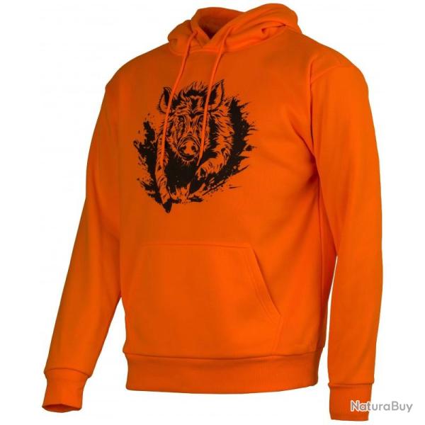 Sweat de Chasse � Capuche Orange Motif Sanglier Treeland L