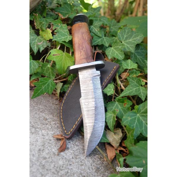 Couteau Poignard Lame Acier Damas 256 Couches Manche Bois Garde Damas Etui Nylon Fabric Artisanale
