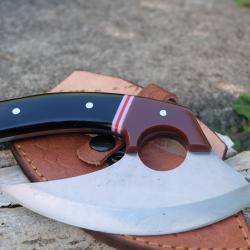 Couteau d'Esquimau Inuit Ulu Lame Acier Inox Manche R&eacute;sine Etui Cuir Fabr Artisanale