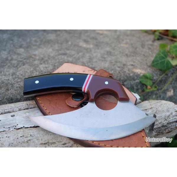 Couteau d'Esquimau Inuit Ulu Lame Acier Inox Manche R�sine Etui Cuir Fabr Artisanale