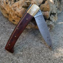 Couteau Damas Lame 128 couches Style Pattada Italien Manche Bois Cran Forc&eacute; Fabrication Artisanale