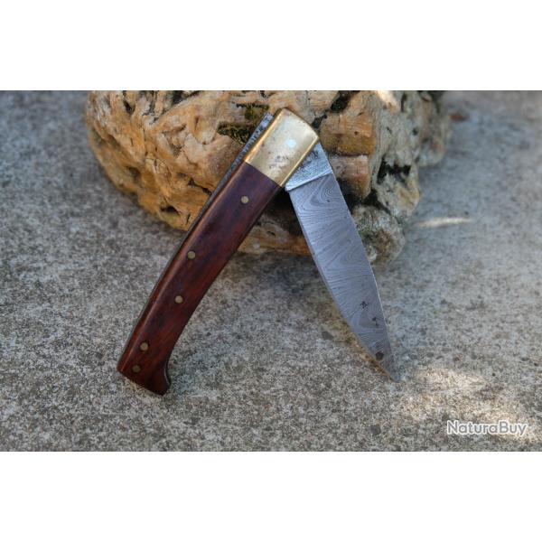 Couteau Damas Lame 128 couches Style Pattada Italien Manche Bois Cran Forc� Fabrication Artisanale
