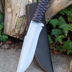 Couteau de Chasse Lame Drop Point Acier Carbone 1055 Satin Manche Bois 3D Etui Simili Fab Artisanale