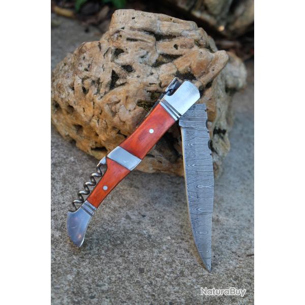 Couteau Damas Lame 128 Couches Fa�on Laguiole Manche Bois Orange/Acier Tire Bouchons F Artisanale