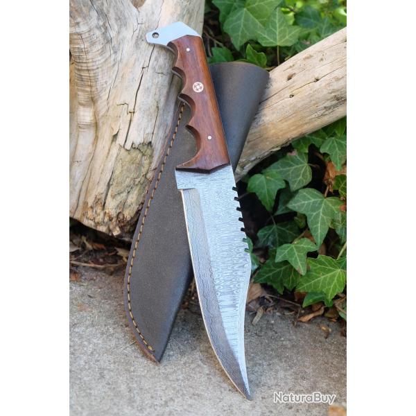 Beau Poignard Damas Lame Clip Point 256 Couches Manche Bois Fabr Artisan Etui Simili Cuir 001