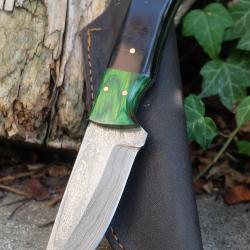 Skinner Couteau Damas Lame 256 Couches Lame Drop Point Manche R&eacute;sine Fabr Artisanale Etui Cuir 001