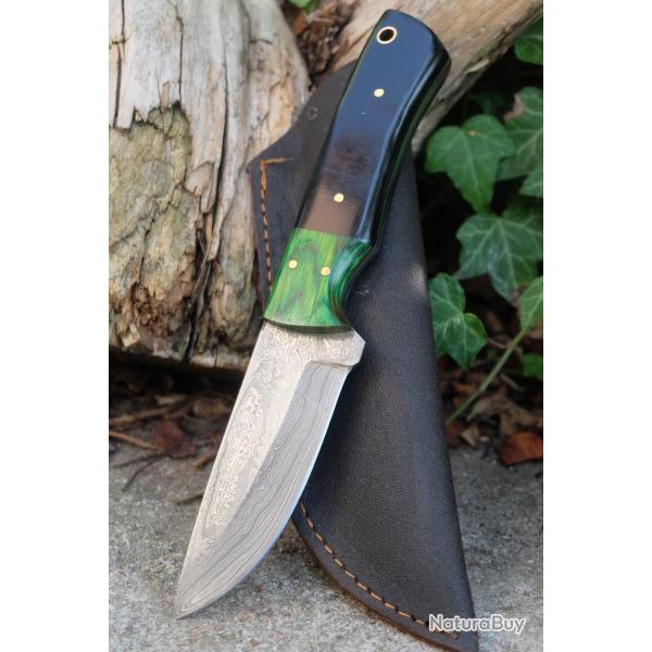 Skinner Couteau Damas Lame 256 Couches Lame Drop Point Manche R�sine Fabr Artisanale Etui Cuir 001