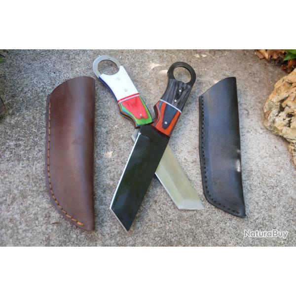 Lot de 2 Couteau Karambit Tactical Lame Tanto Acier Carbone 1055 Manche ABS/Bois Etui Fab Artisanale