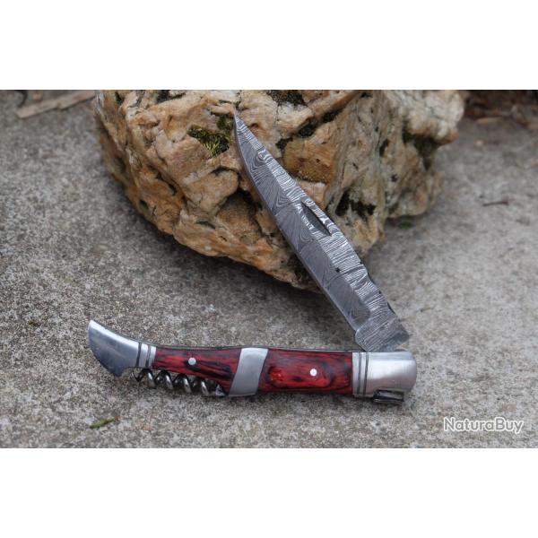 Couteau Damas Lame 128 Couches Fa�on Laguiole Manche Rubis/Acier Tire Bouchons F Artisanale
