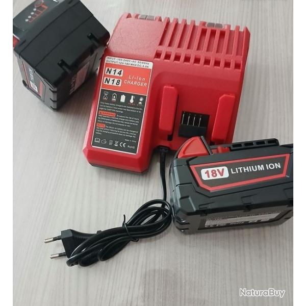 Lot un chargeur 3A et 2 batteries 18V 6 Ah adaptable machine Milwaukee M18 NEUF