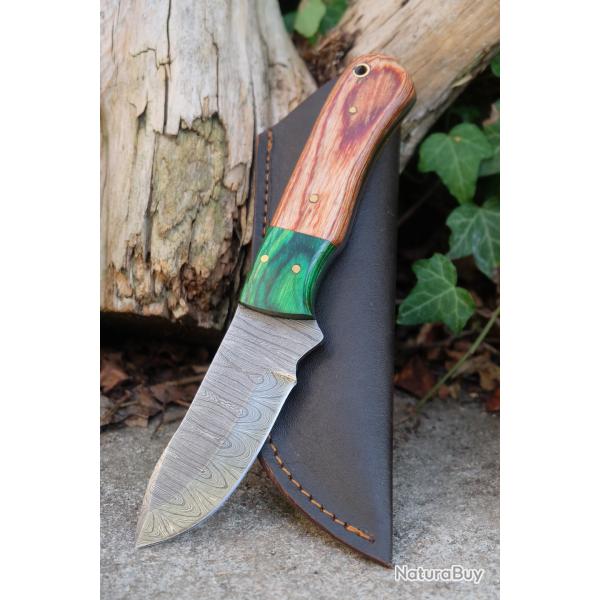 Skinner Couteau Damas Lame 256 Couches Lame Drop Point Manche Marron/Green Fabr Artisanale Etui Cuir