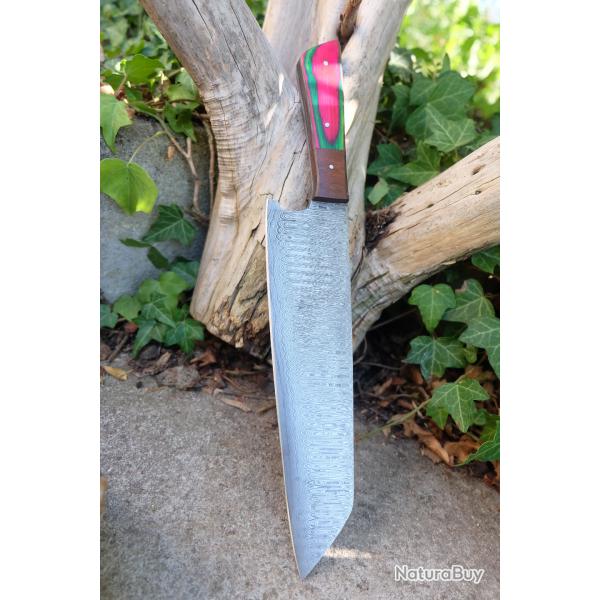 Couteau de Cuisine Style Japonais Damas Lame Kiritsuke 256 Couches Manche Bois Arlequin Fab Artisan