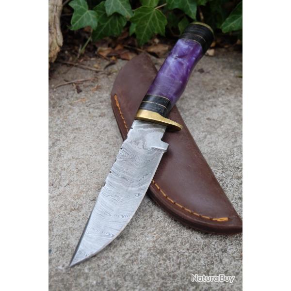 Skinner Couteau Damas Lame 256 Couches Lame Drop Point Manche Purple Fabr Artisanale Etui Cuir 02