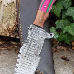 Couteau de Chasse Trakker Damas Lame Tanto 256 Couches Manche Bois Cam&eacute;l&eacute;on Fabr Artisan Etui Cuir