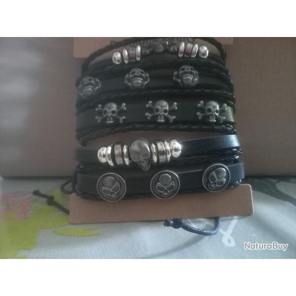 5 bracelets biker,  gothiques, t�tes de mort