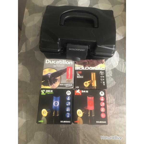 LIVRAISON OFFERTE 100 cartouches,4x25+valise,solognac,ducatillon cal 12/70 pl4nick,duo4/2,pl6,7/5