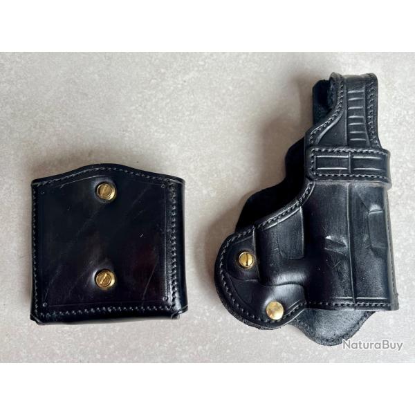 Holster + porte-chargeurs cuir artisanal fran�ais sur mesure - Glock 26 - Droitier