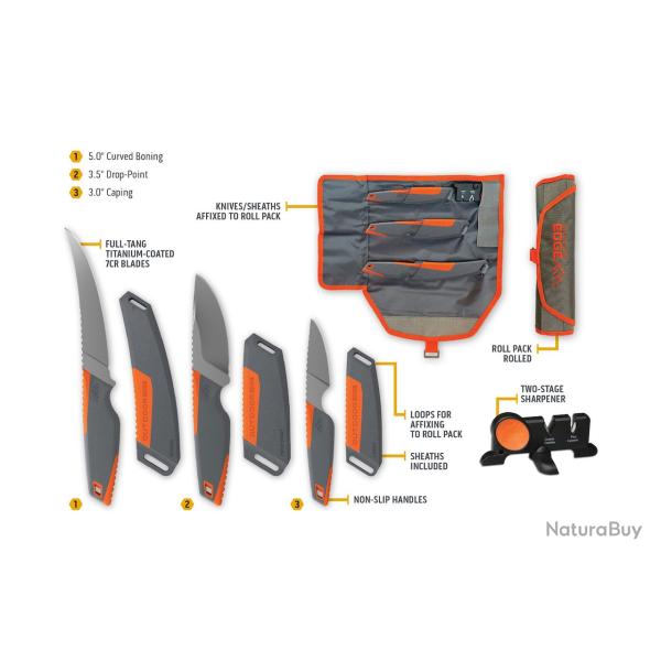 Kit Outdoor Edge Vantex 4 Pi�ces Lame Acier 7Cr17MoV Manche TPR Gris Orange Housse + Etuis OEVNTX4C