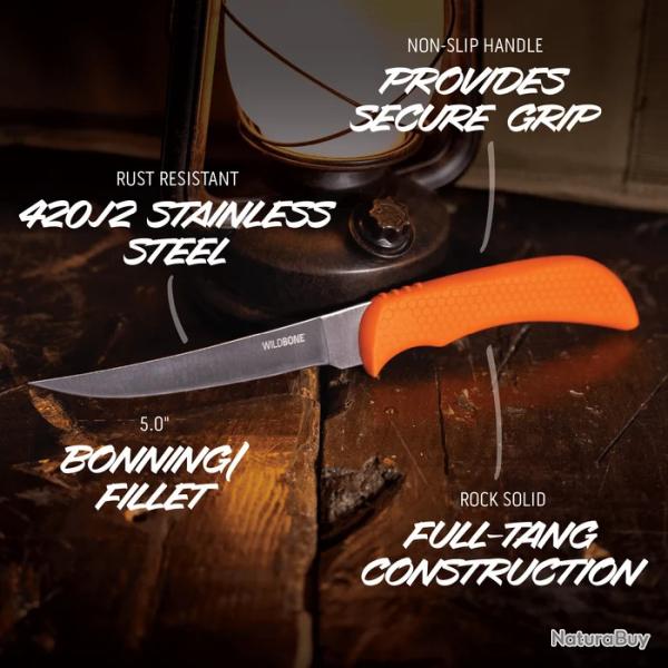 Couteau Fixe Outdoor Edge Wild Game Boning Lame Acier 420J2 Manche TPR Orange OEWGB50C