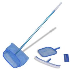 Kit entretien piscine manche t&eacute;lescopique aluminium brosses et &eacute;puisettes