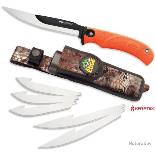 Couteau Outdoor Edge RazorMax Lame Acier 420J2 Manche TPR Orange �tui Nylon OERMB20C