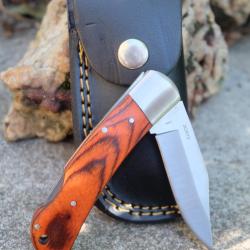 Couteau Bison River Manche Bois Lame Clip Point Acier 3Cr13 S&eacute;curit&eacute; Lockback Etui Cuir
