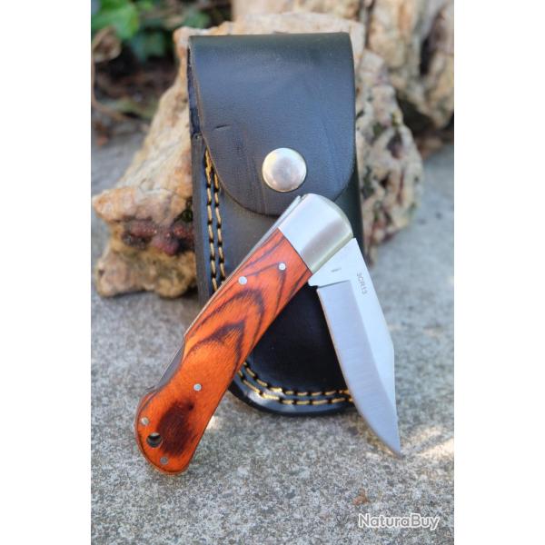 Couteau Bison River Manche Bois Lame Clip Point Acier 3Cr13 S�curit� Lockback Etui Cuir