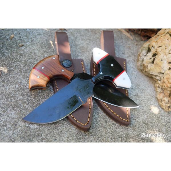 Lot de 2 Couteau Push Dagger Lame Acier Carbone 1055 Black Manche Bois & R�sine F Artisanale Etui 01