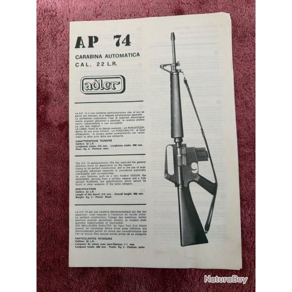 Notice de la carabine Adler AP74 . Peu courant.