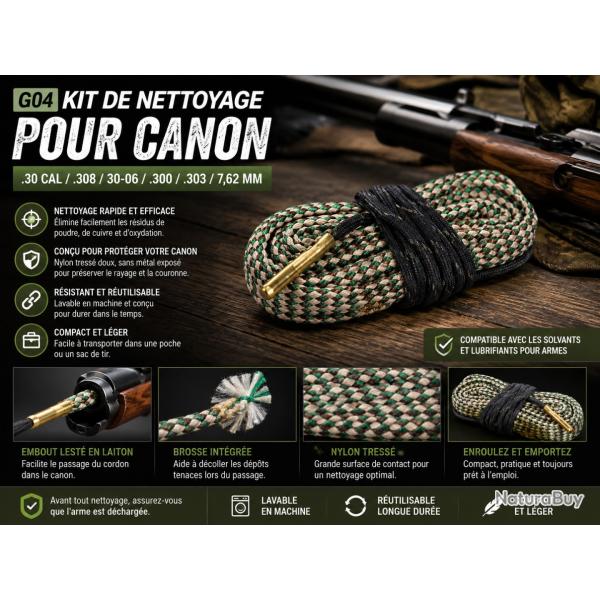 Kit de nettoyage pour canon .30 Cal / .308 / 30-06 / .300 / .303 / 7,62 mm